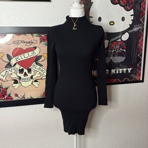 Black Ribbed Turtleneck Long Sleeve Mini Dress